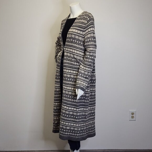 J Jill Womens M Fair Isle Boucle Duster Cardigan Sweater Gray Ivory Cotton Blnd - Picture 7 of 10